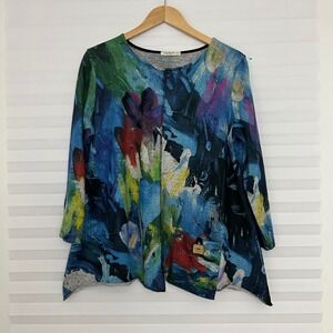 Jess & Jane Women Large Blue Abstract Oil Paint Print Tunic Top 3/4 Sleeve Artsy